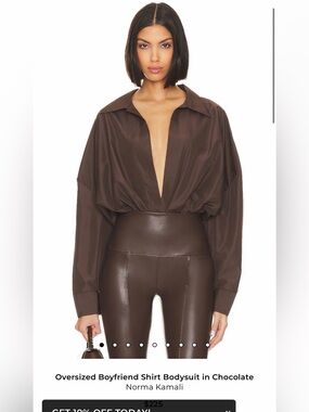 Norma Kamali Oversized Boyfriend Shirt Bodysuit in Chocolate Size M